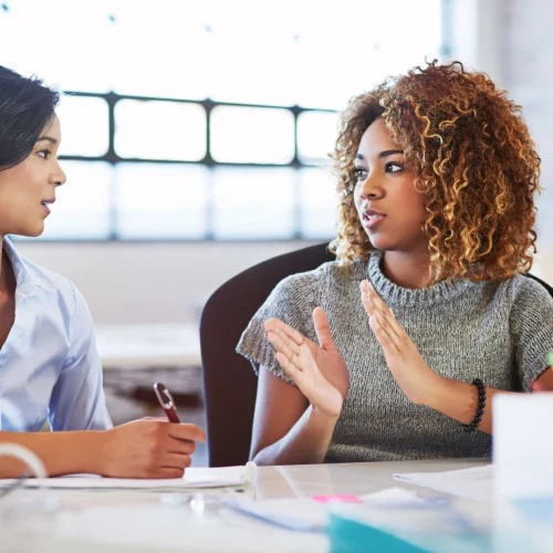 Professional translator discussing certified document translation services with client in modern office.
